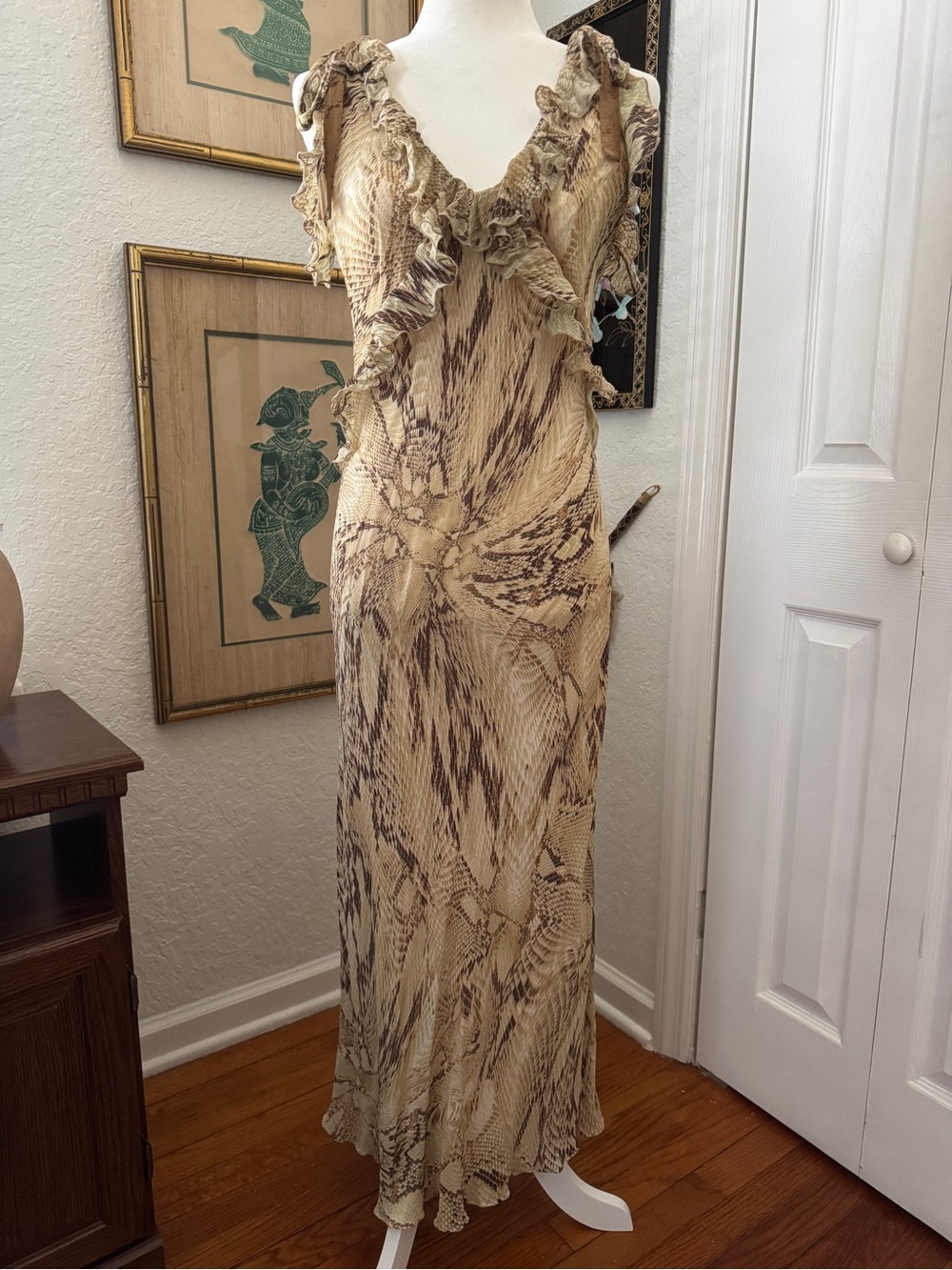 Zara Snake Skin Print Ruffle Maxi Y2K Plunge V-Neck Maxi Dress